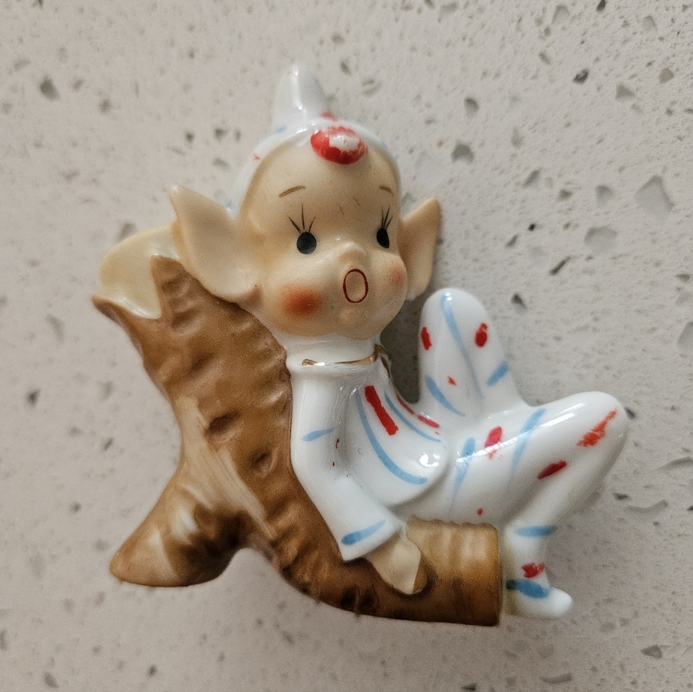 Vintage Japan Pixie Elf On Tree Figurine